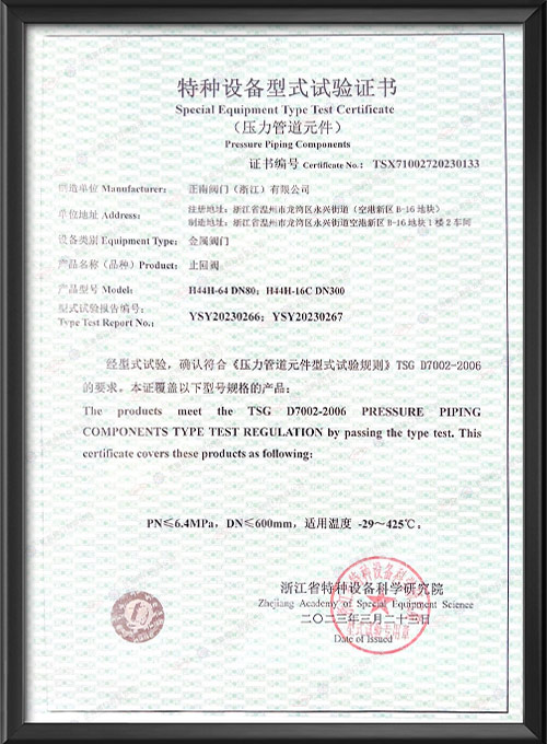 特种设备型式试验证书-止回阀